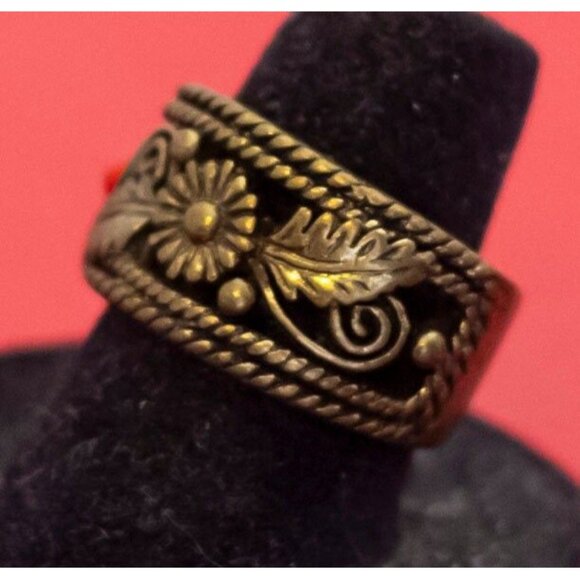 Size 7, Vintage Art Nouveau Floral Abstract Red Beads Ring - F39 - Picture 2 of 3